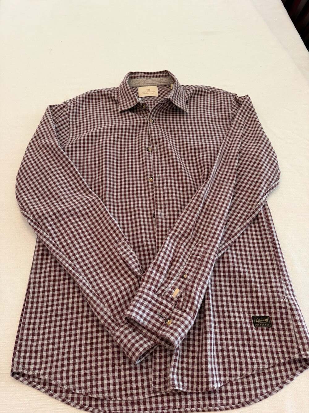 Scotch Soda Shirt Mens Large Burgundy And Grey Plaid Button Up Long Sleeve